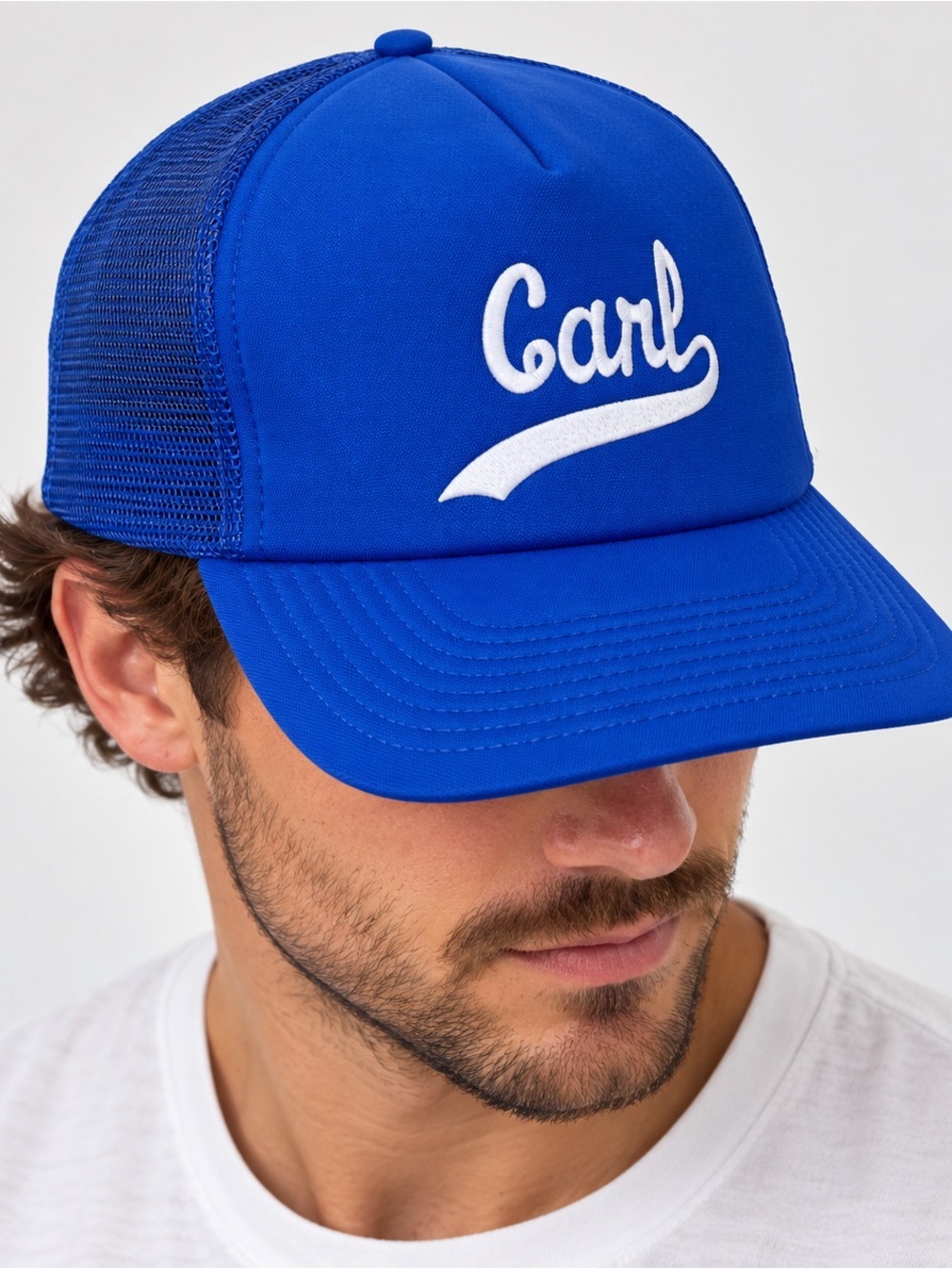 Vtg Trucker Hat Spellout CARL Name Mesh Snapback Puffy Font Blue Young An